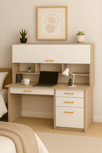 Bureau Moderne avec rangement beige blanc 3 Niches