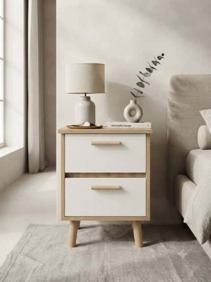 Table de Nuit 2 Tiroirs – Style Scandinave Beige et Blanc
